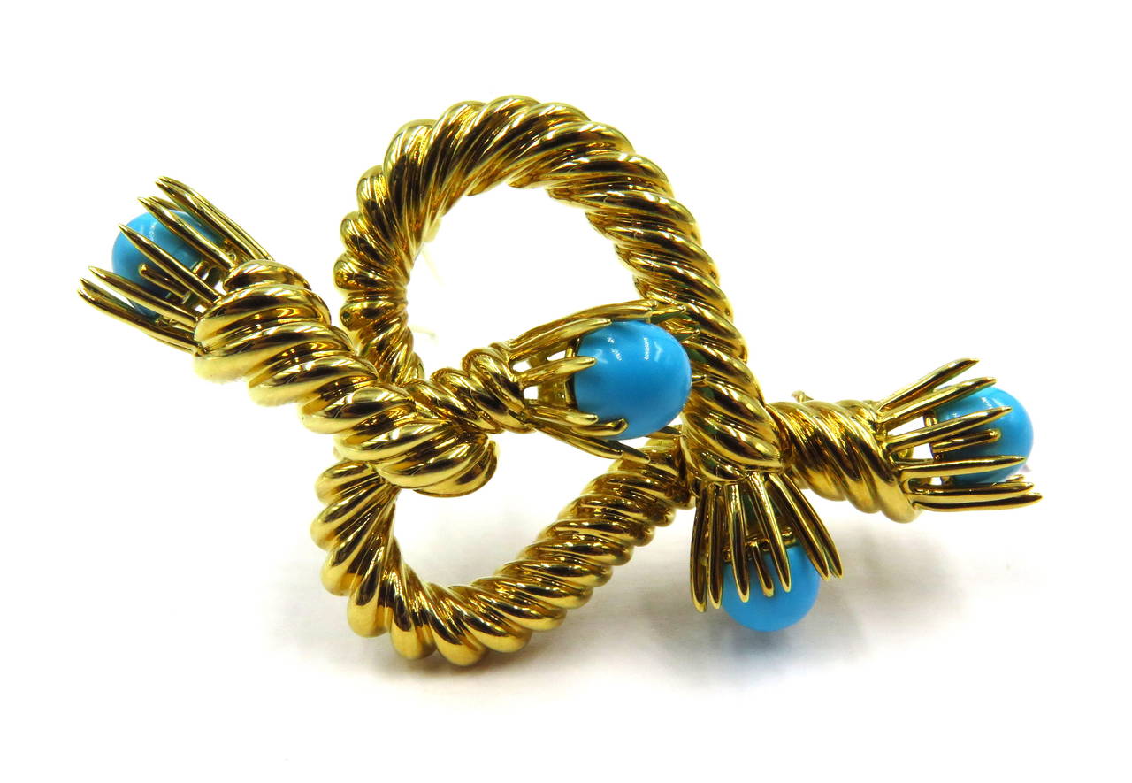  Tiffany & Co. Schlumberger Turquoise Gold Roped Heart Design Brooch In Excellent Condition In Palm Beach, FL