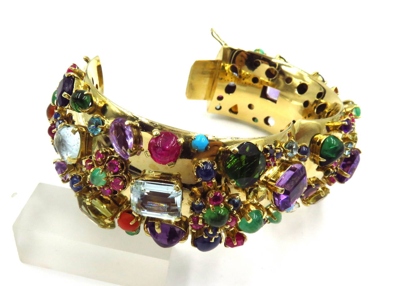 Women's Exquisite Retro Multi Gem Hinged Gold Bangle Bracelet