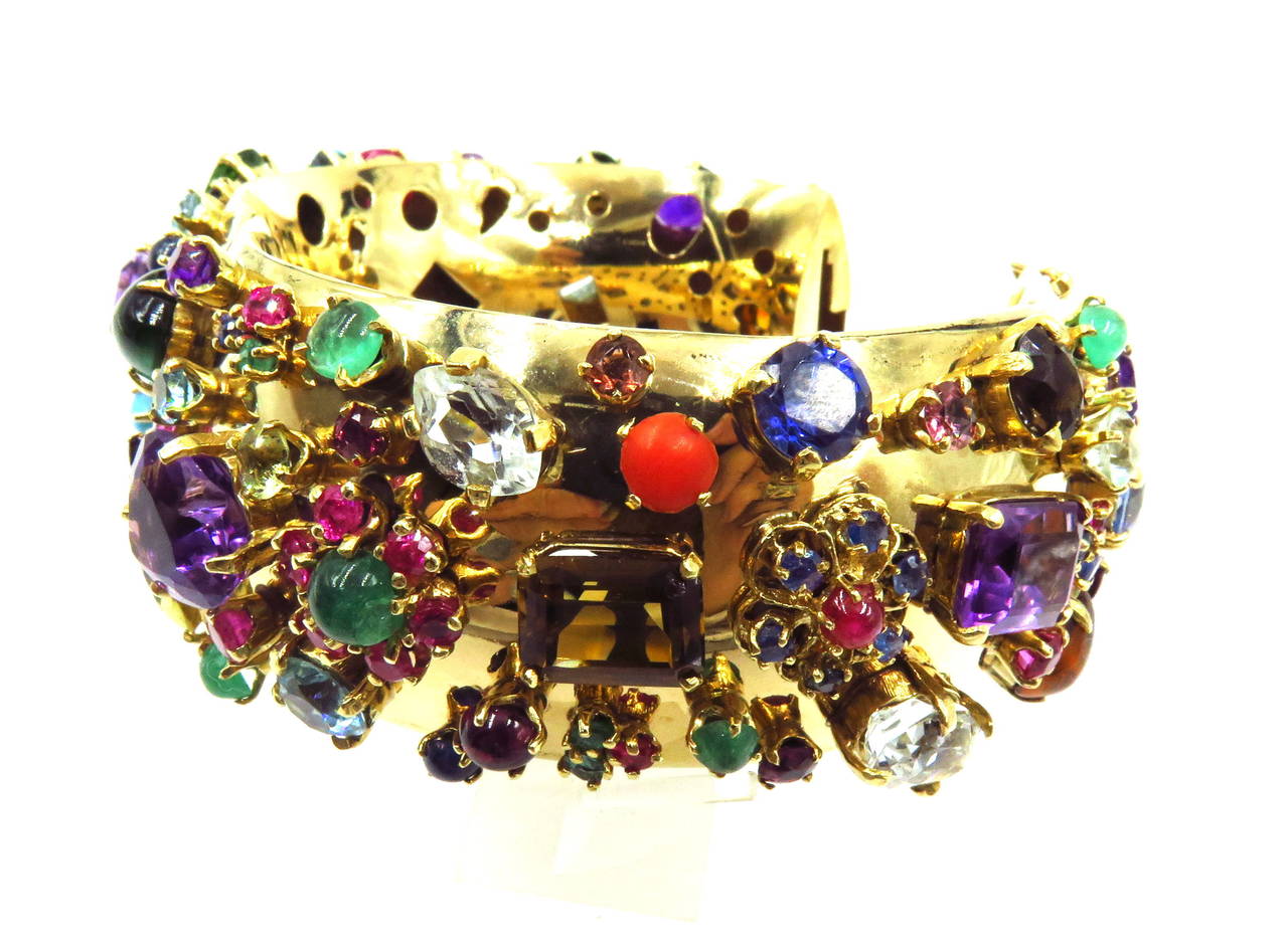 Exquisite Retro Multi Gem Hinged Gold Bangle Bracelet 2