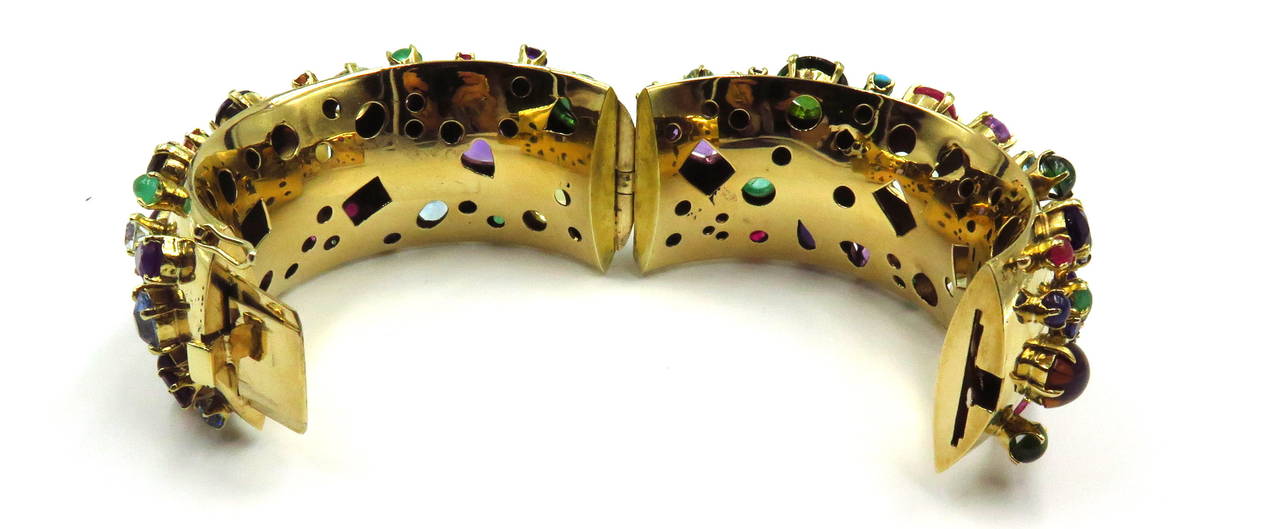 Exquisite Retro Multi Gem Hinged Gold Bangle Bracelet 3