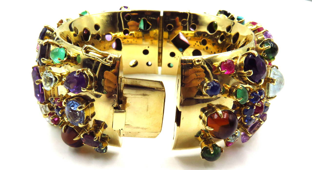 Exquisite Retro Multi Gem Hinged Gold Bangle Bracelet 4