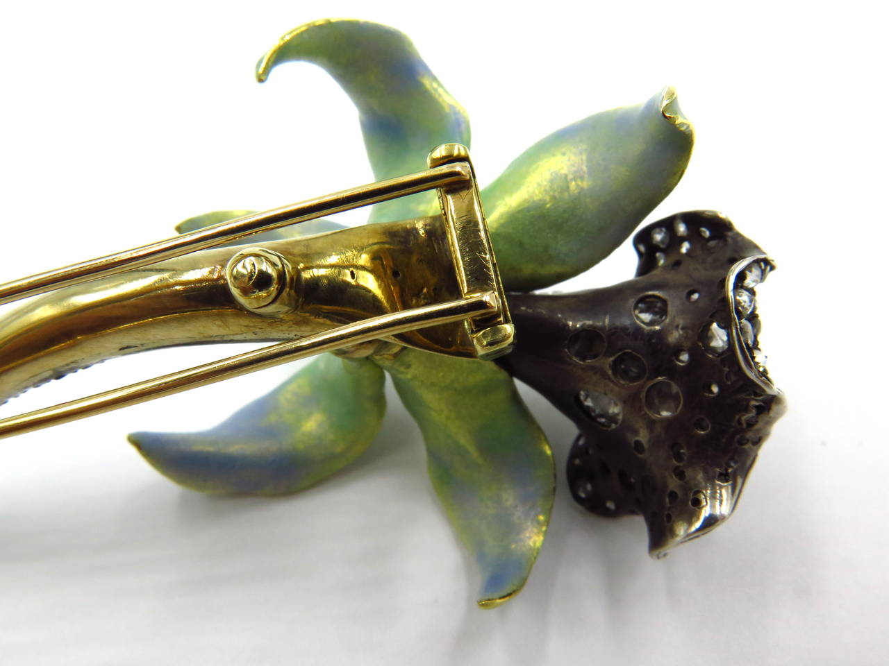 Dramatic Enamel Ruby Diamond Silver Gold Flower Pin Clip For Sale 1