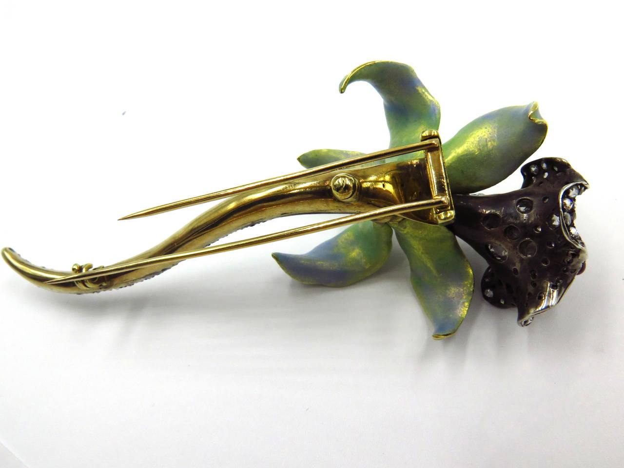 Dramatic Enamel Ruby Diamond Silver Gold Flower Pin Clip For Sale 2