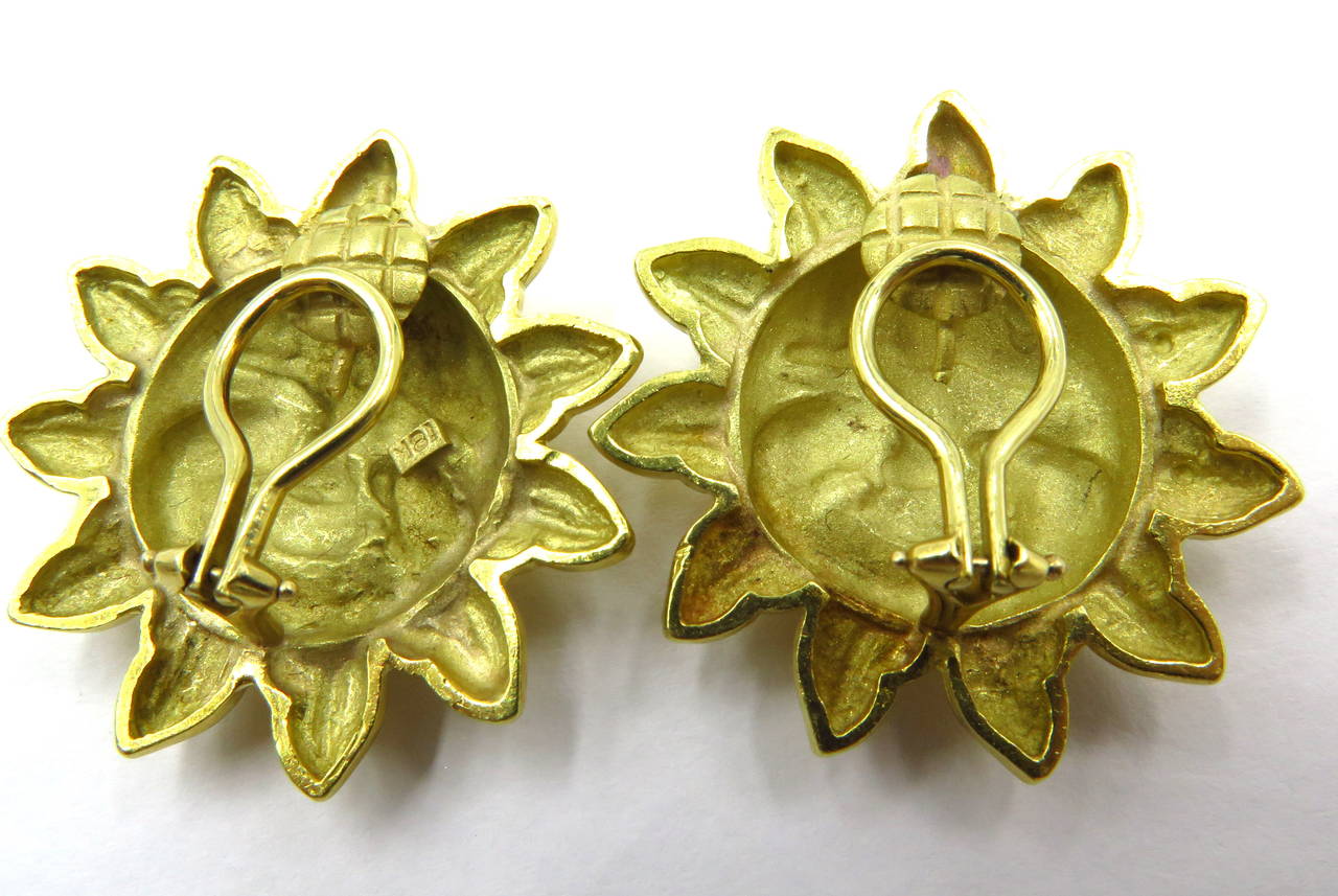 Large Whimsical Gold Happy Sun Face Clip Earrings 2