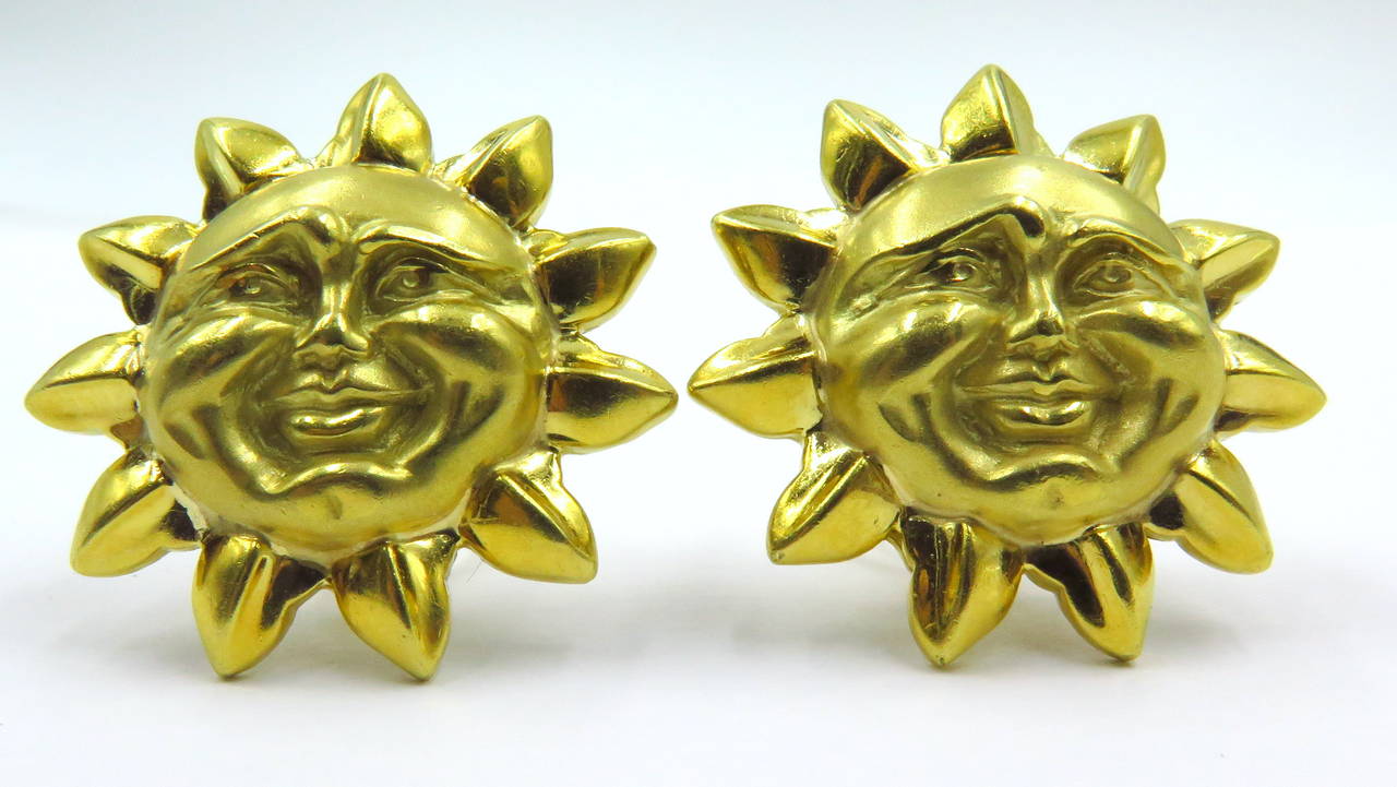 Women's Large Whimsical Gold Happy Sun Face Clip Earrings