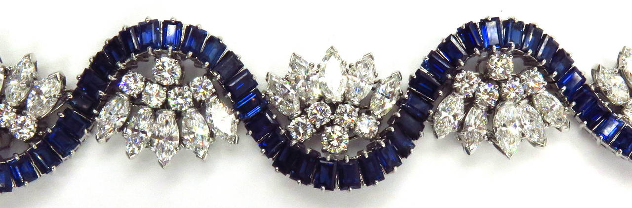 1960s Sapphire Diamond Platinum Ribbon Bracelet In Excellent Condition In Palm Beach, FL