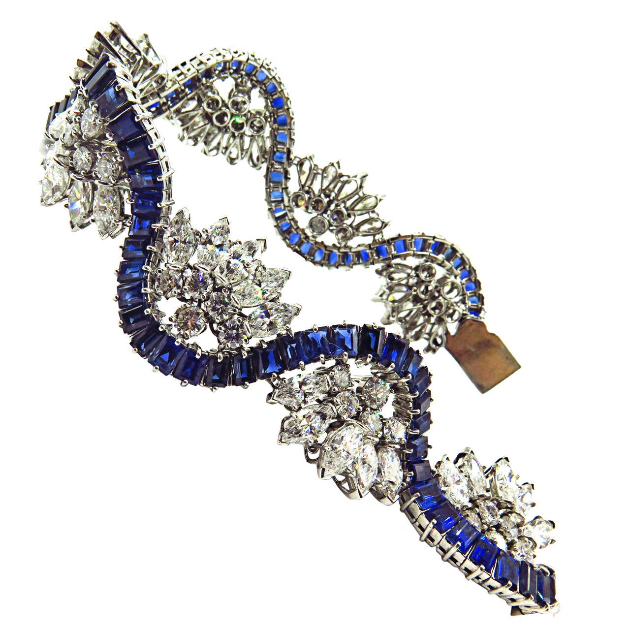 1960s Sapphire Diamond Platinum Ribbon Bracelet