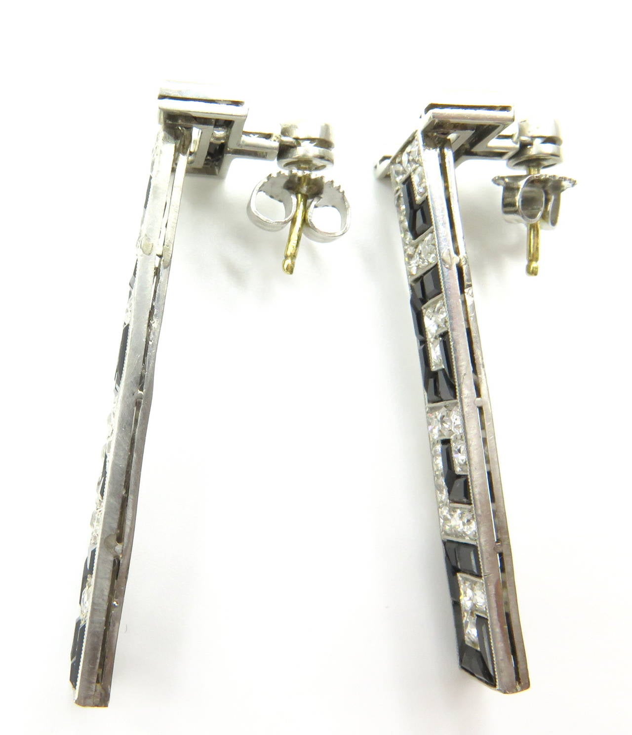 Art Deco Elegant and Chic onyx diamond Platinum Flexible Drop Post Earrings