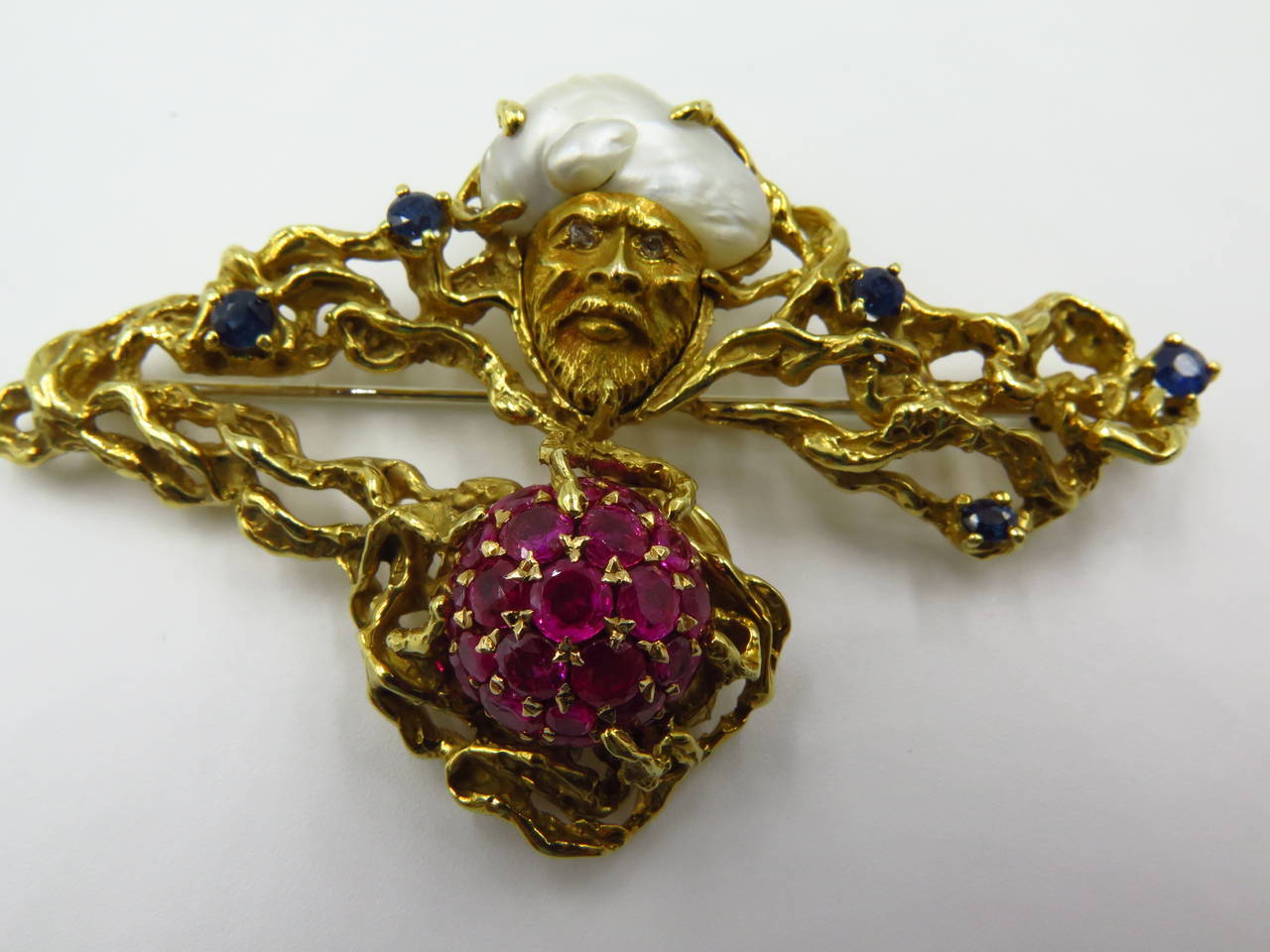 Arthur King Large Gem Set Gold Figural Face Pin For Sale 1