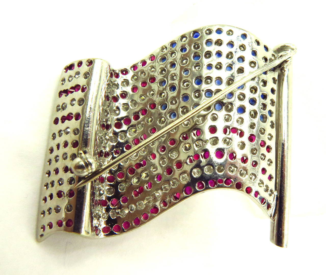Women's or Men's Large Patriotic Ruby Sapphire Diamond Gold American Flag Pin