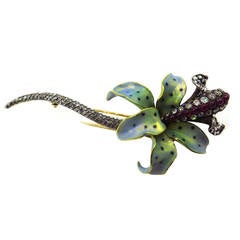 Dramatic Enamel Ruby Diamond Silver Gold Flower Pin Clip