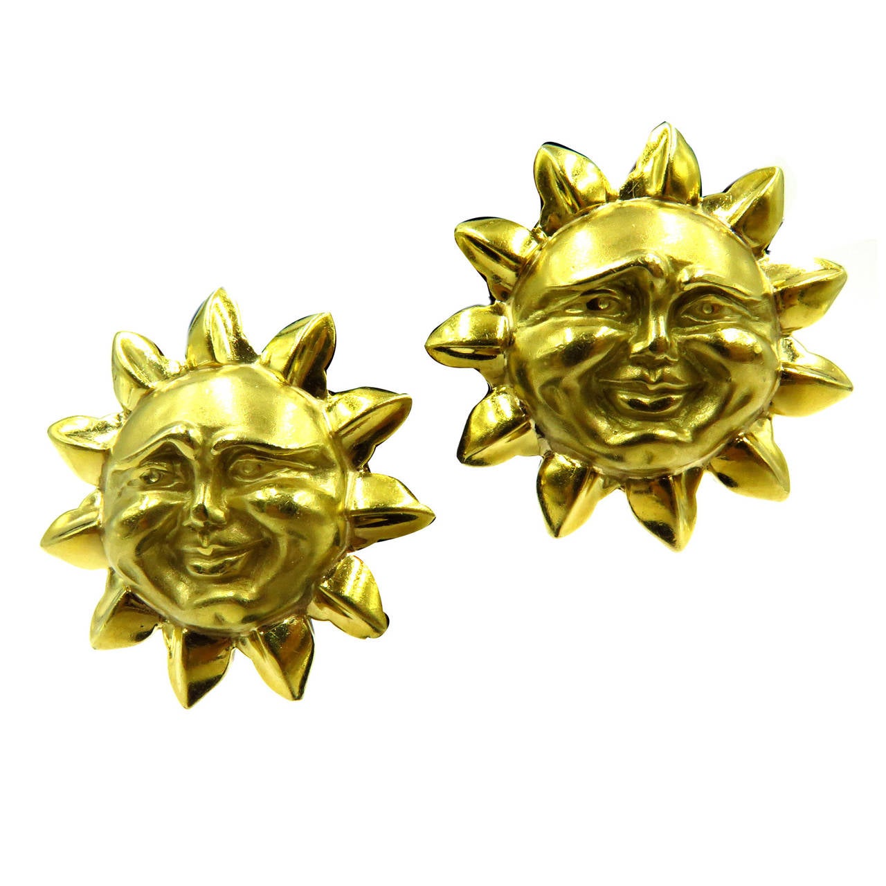 Large Whimsical Gold Happy Sun Face Clip Earrings