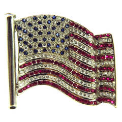 Large Patriotic Ruby Sapphire Diamond Gold American Flag Pin