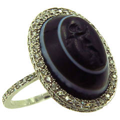 Carved Banded Agate Diamond Platinum Angel Cherub Signet Ring