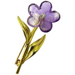 1960s Emis Carved Amethyst Diamond Gold Flower Pin