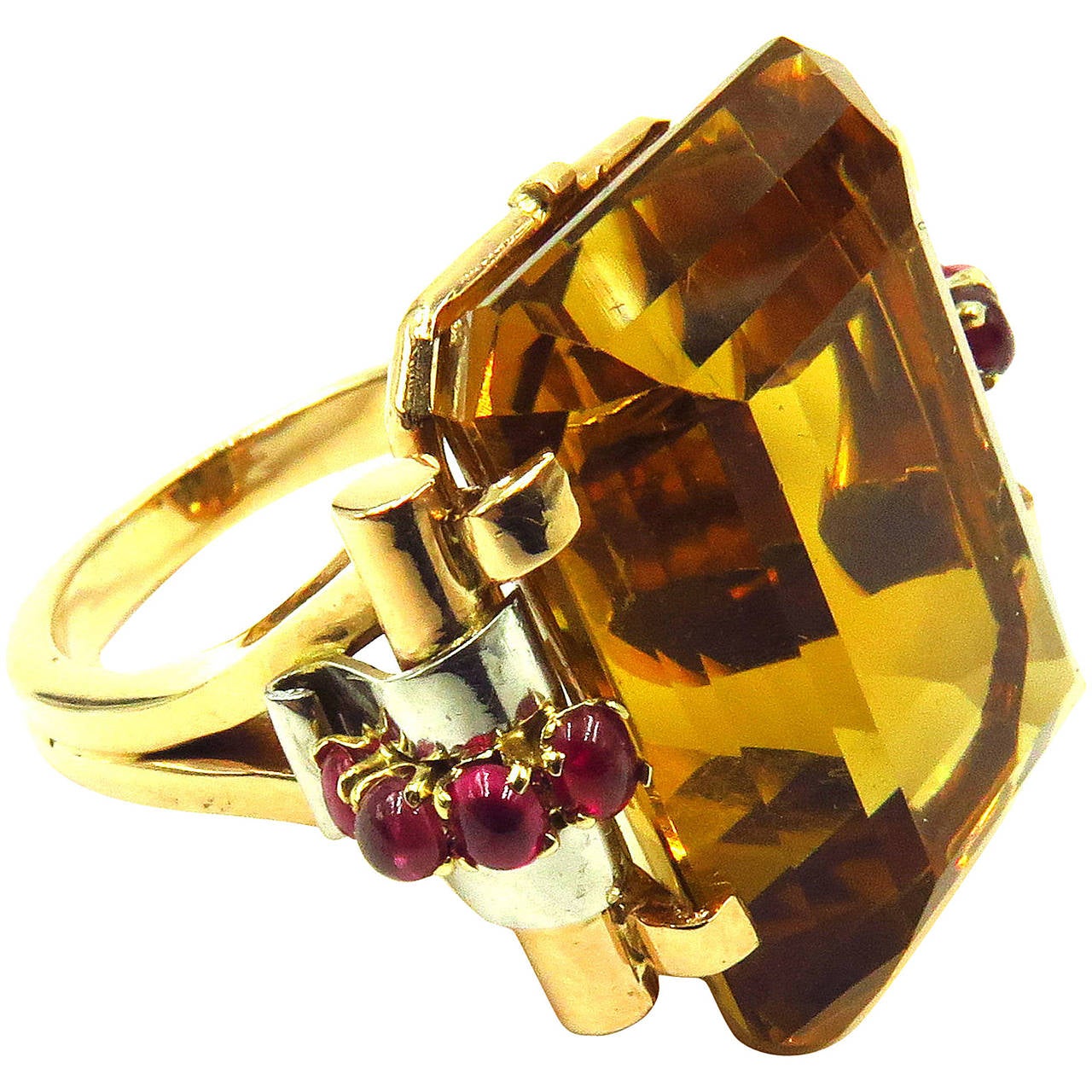 1940s Retro Large Citrine Ruby Gold Platinum Ring