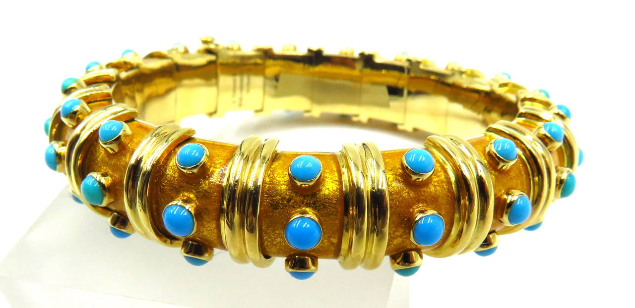 In my opinion, this is the most unique of all the wonderful Schlumberger Tiffany enamel series bangle bracelets. 
This 