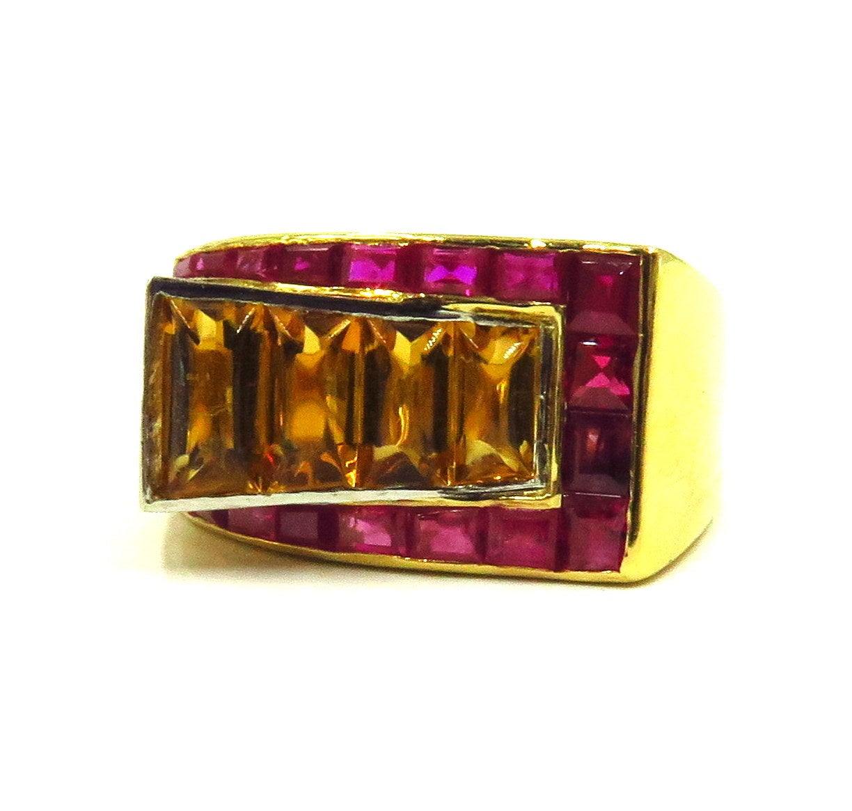 Women's 1940s Retro Citrine Ruby Gold Stylized Buckle Motif Ring For Sale