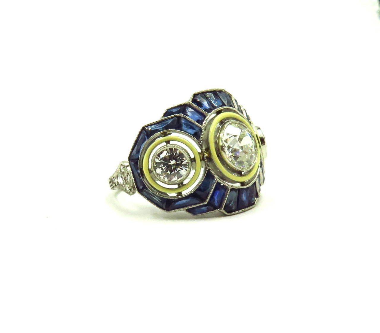 Art Deco Timeless Enamel Sapphire Diamond Platinum Three-Stone Ring