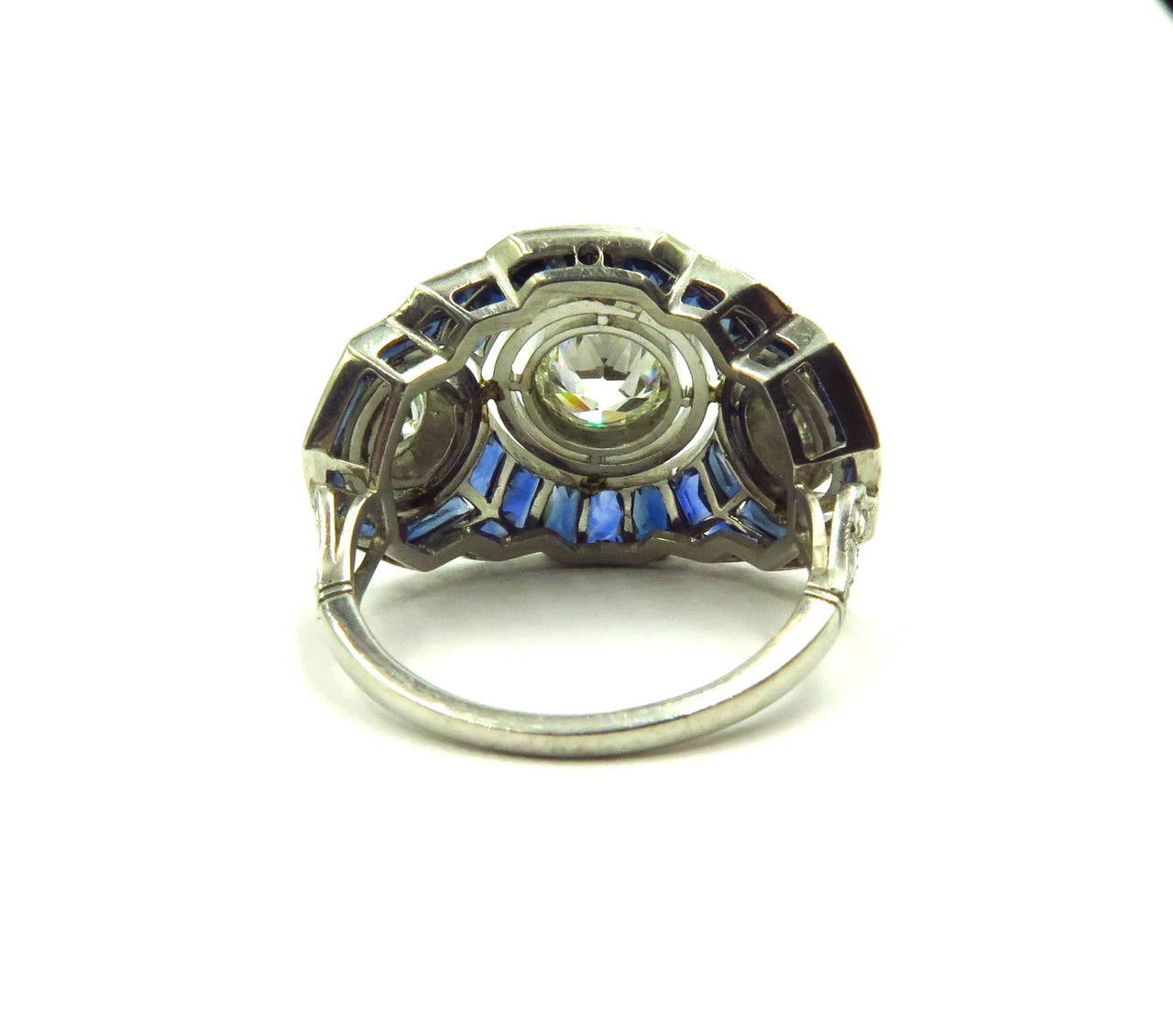 Timeless Enamel Sapphire Diamond Platinum Three-Stone Ring In Excellent Condition In Palm Beach, FL