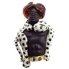 Magnificent Large Blackamoor with Movable Draping Enamel Diamond Leopard Pin 1