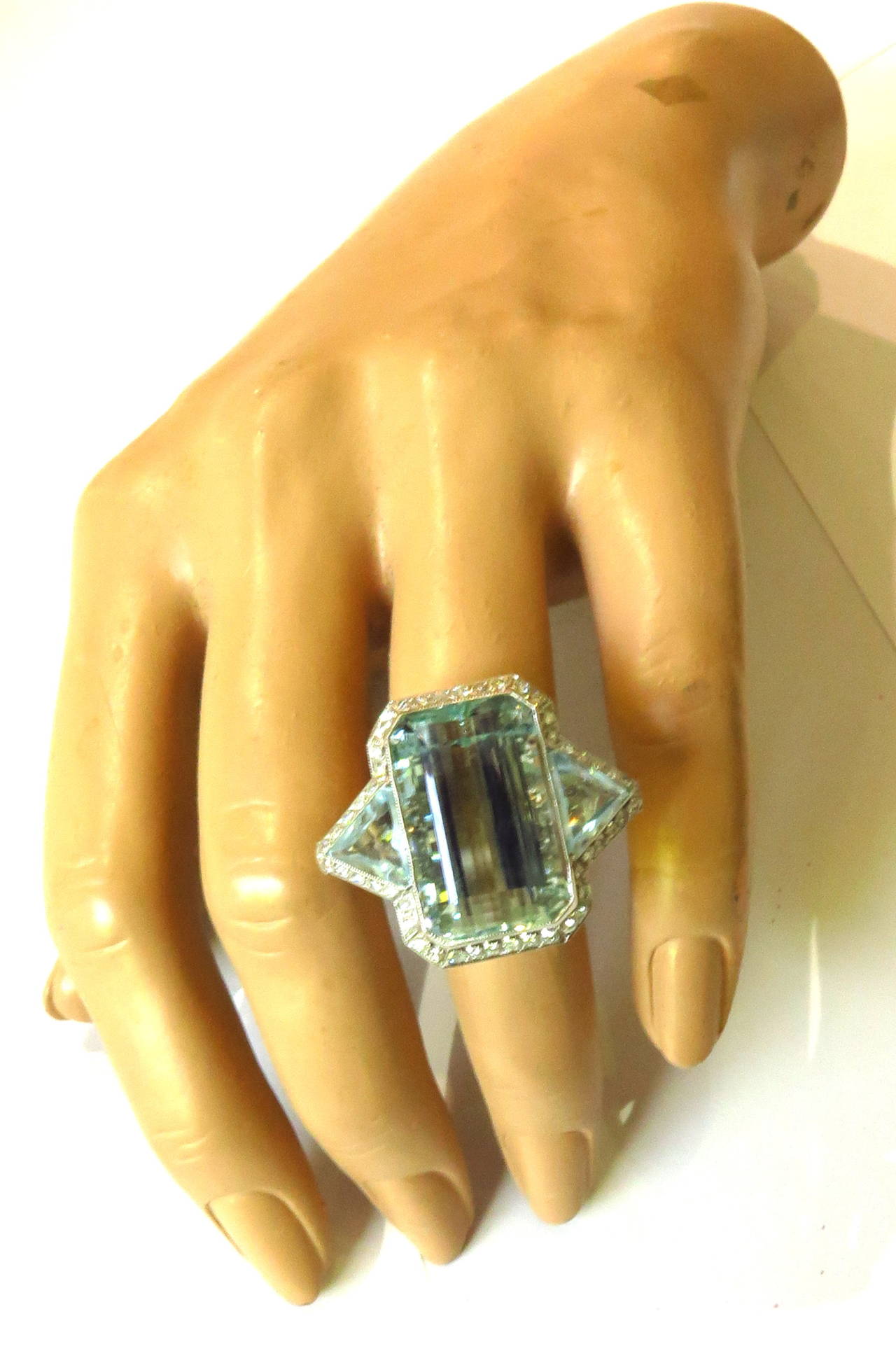 Magnificent Large Aquamarine Diamond Platinum Three Stone Cocktail Ring 1