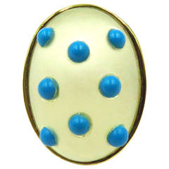 Fabulous Large Turquoise Polka Dot Rock Crystal Gold Dome Ring 6