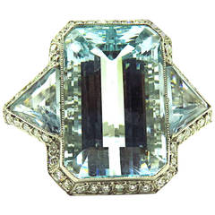 Magnificent Large Aquamarine Diamond Platinum Three Stone Cocktail Ring