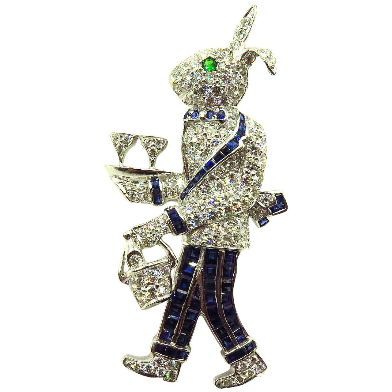 Large Unique Sapphire Emerald Diamond Martini Serving Rabbit Brooch