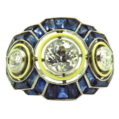 Timeless Enamel Sapphire Diamond Platinum Three-Stone Ring 9