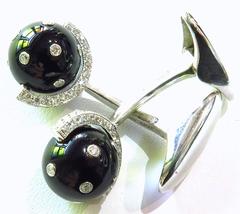 Eli Frei Onyx Diamond Gold Moveable Spinning Globe on Axis Motif Cufflinks