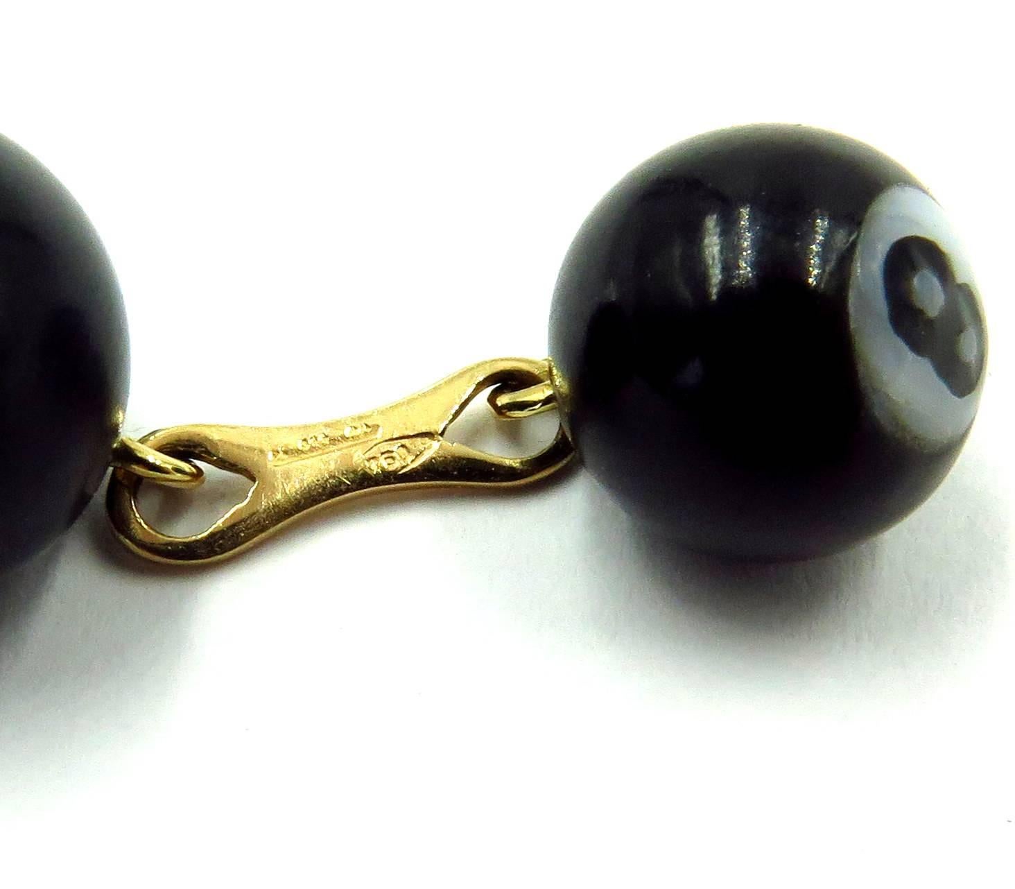 Whimsical Onyx Mother of Pearl 8 Ball Billiard Double Sided Gold Cufflinks In Excellent Condition In Palm Beach, FL