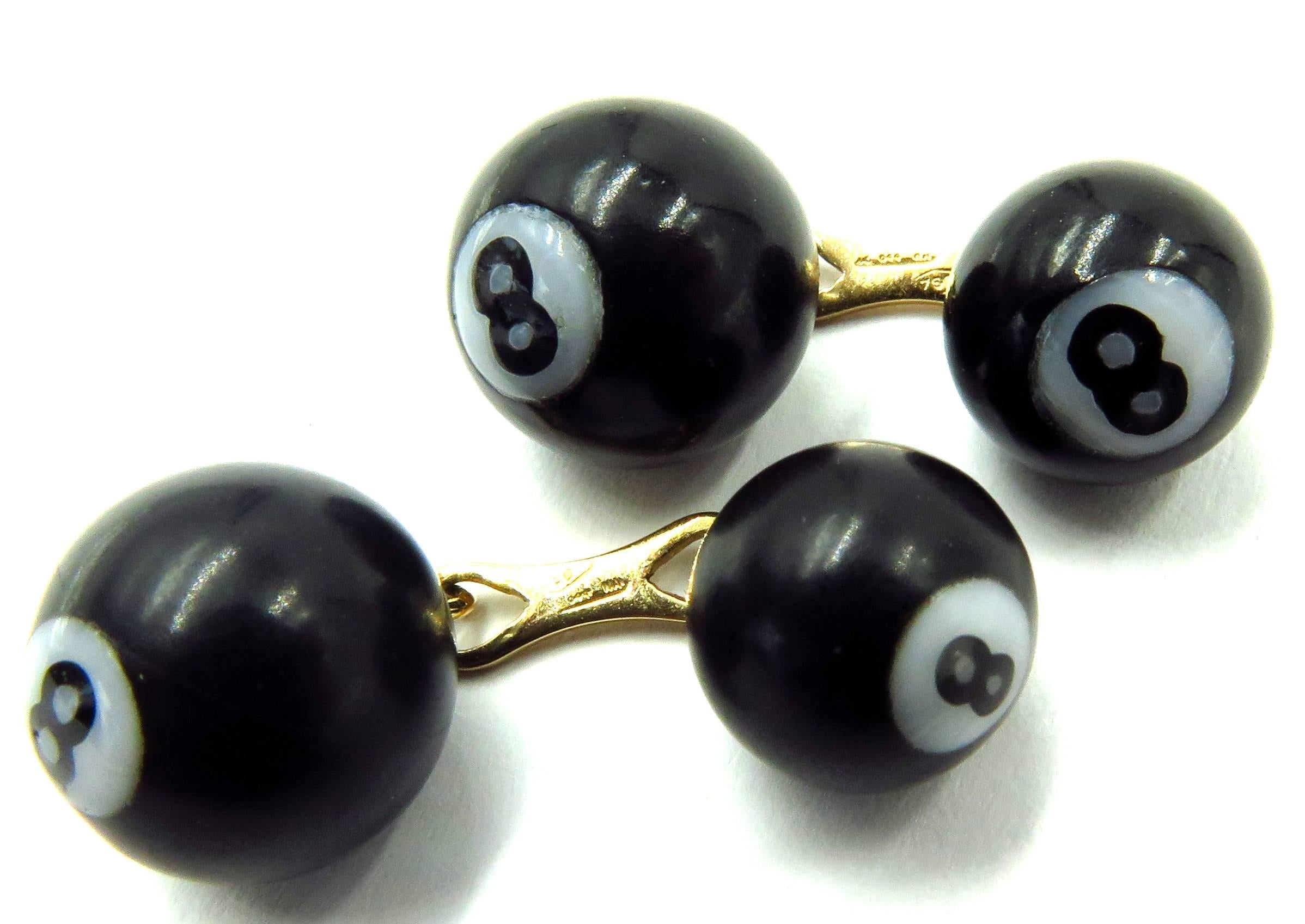 These are the perfect gift for that hard to find chic pool player in your life. Each cufflilnk has a larger 8 ball & a smaller 8 ball with a 18k yellow gold bar in between. Each bar contains 3 hallmarks/makers marks. They are hand carved and made of