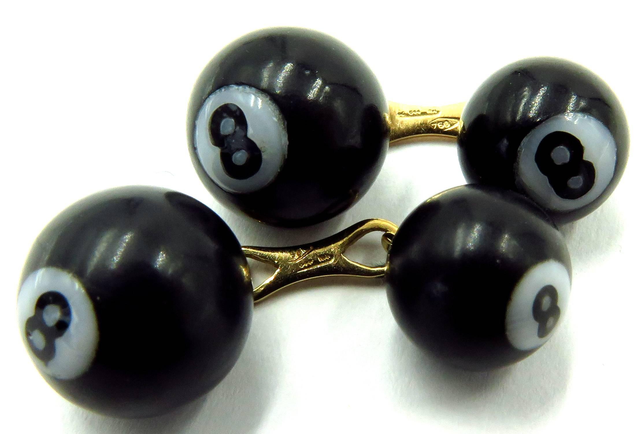 Whimsical Onyx Mother of Pearl 8 Ball Billiard Double Sided Gold Cufflinks 1