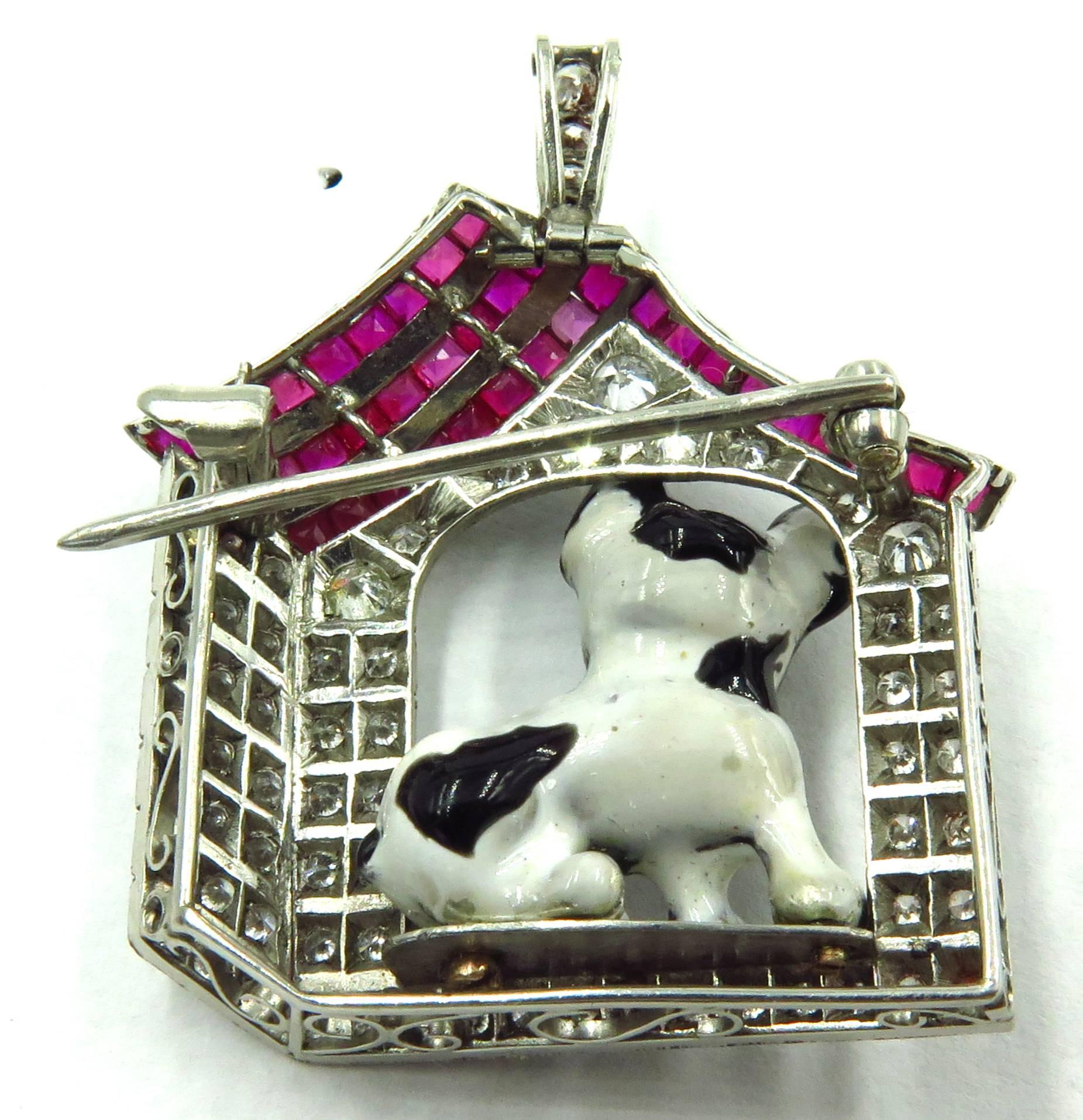 Enamel Ruby Diamond Platinum French Bulldog Pin Pendant w/Retractable Bale In Excellent Condition In Palm Beach, FL
