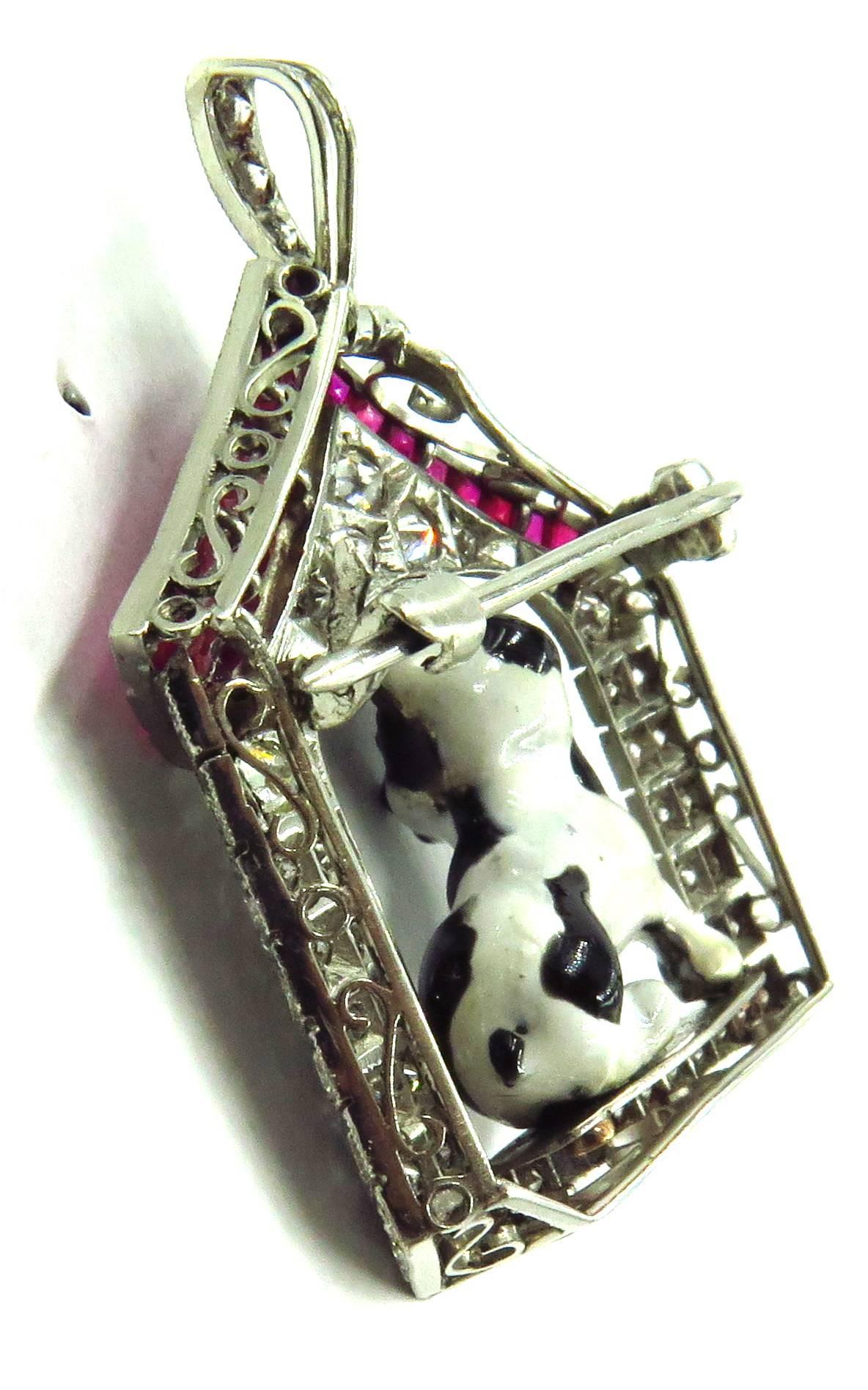 Art Deco Enamel Ruby Diamond Platinum French Bulldog Pin Pendant w/Retractable Bale