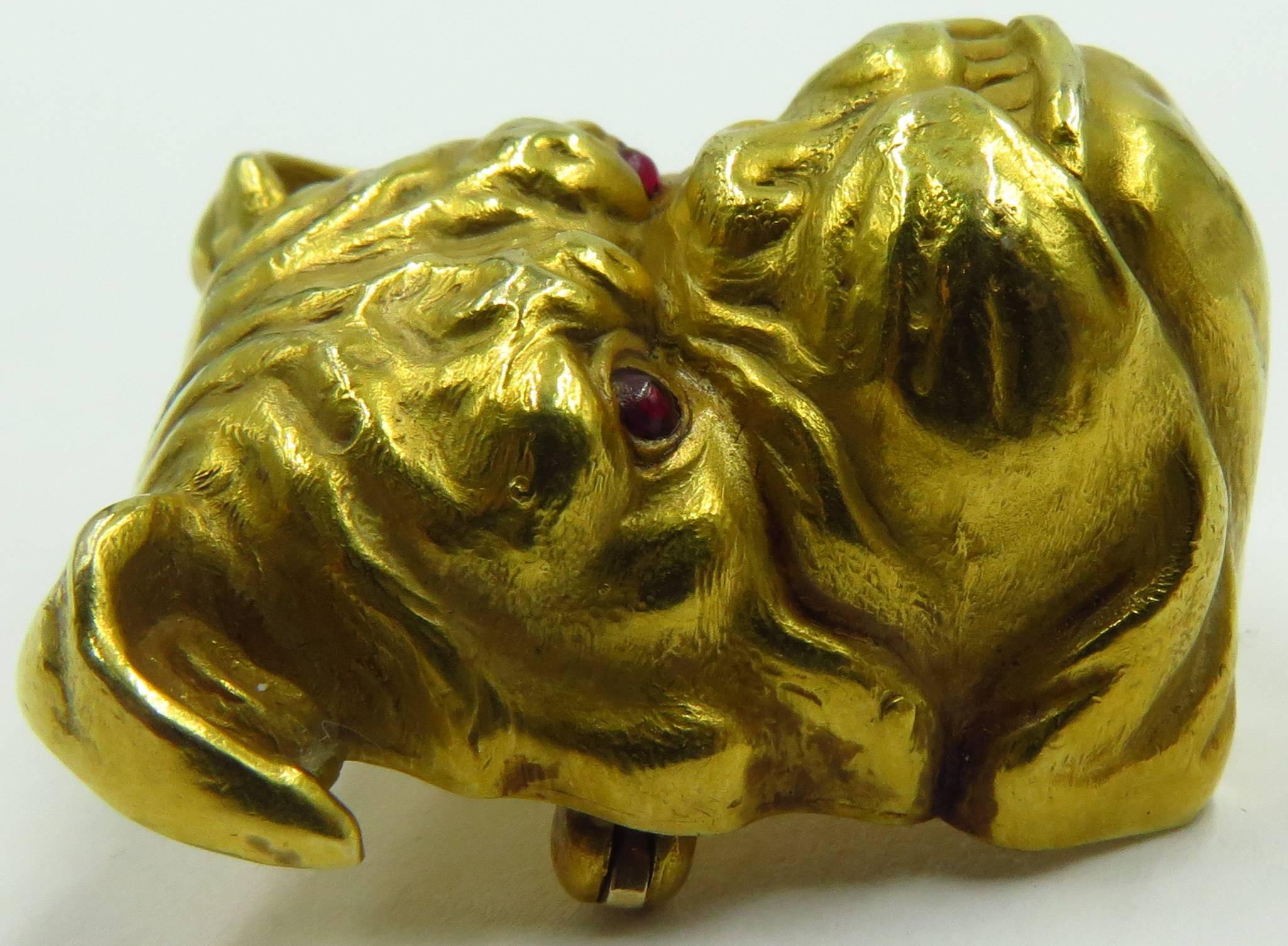 Fantastic Victorian Detailed Gold Bulldog Pin With Cabochon Cut Ruby Eyes 2