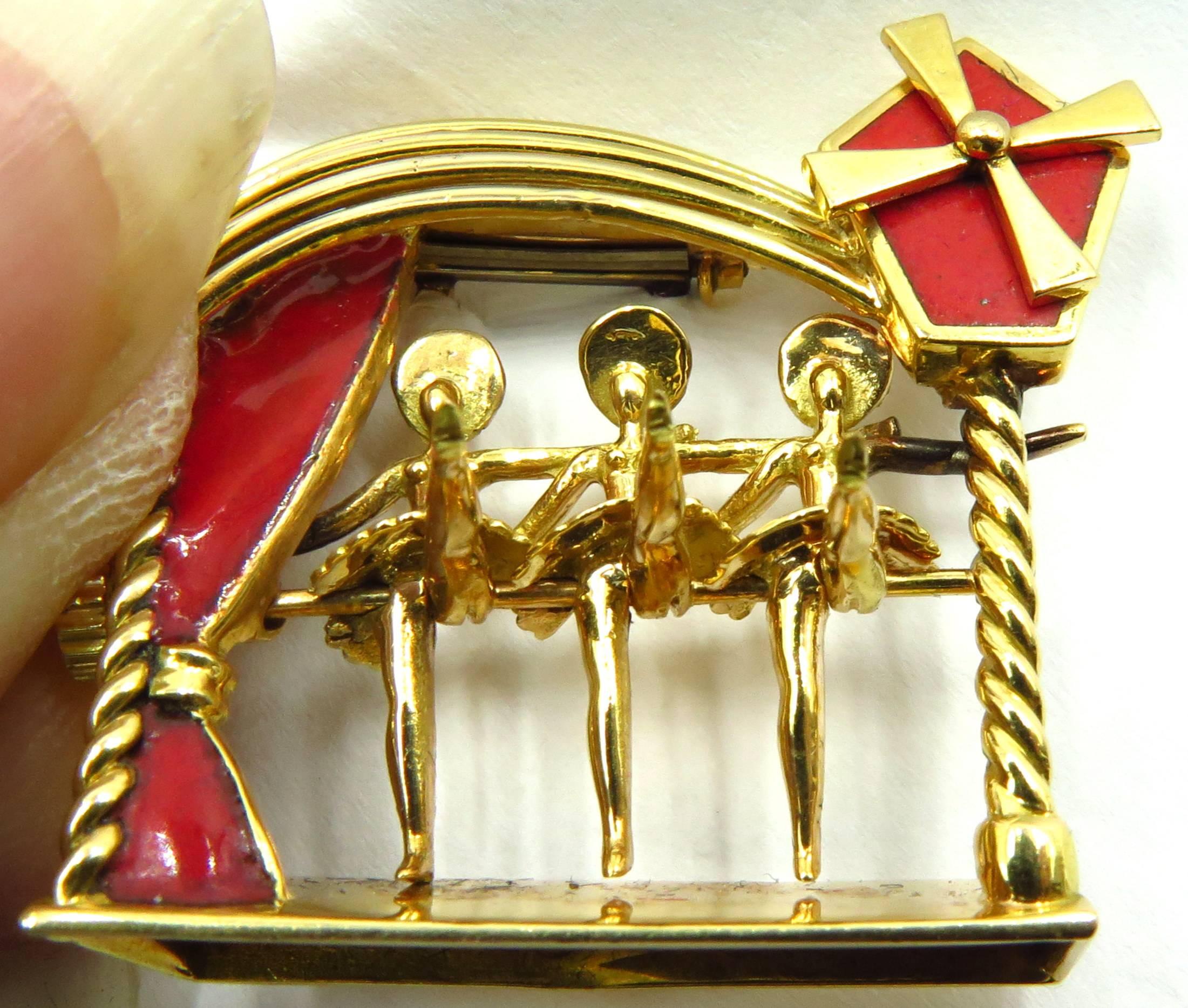 French Enamel Movable Pin Gold Moulin Rouge Can-Can Girls Kicking For Sale 3