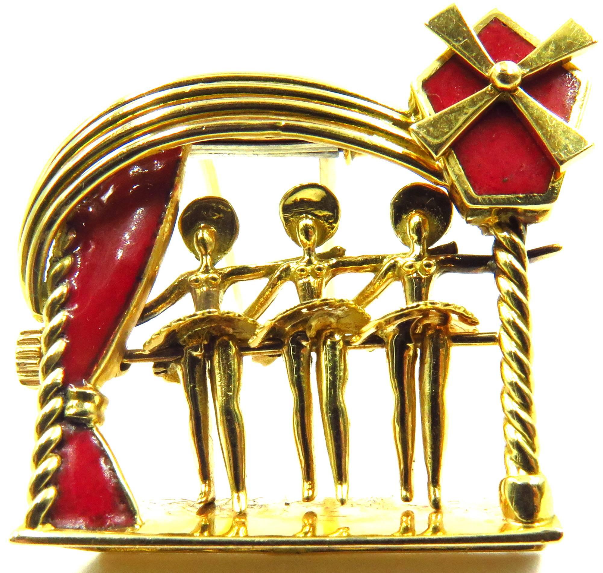 Art Deco French Enamel Movable Pin Gold Moulin Rouge Can-Can Girls Kicking For Sale