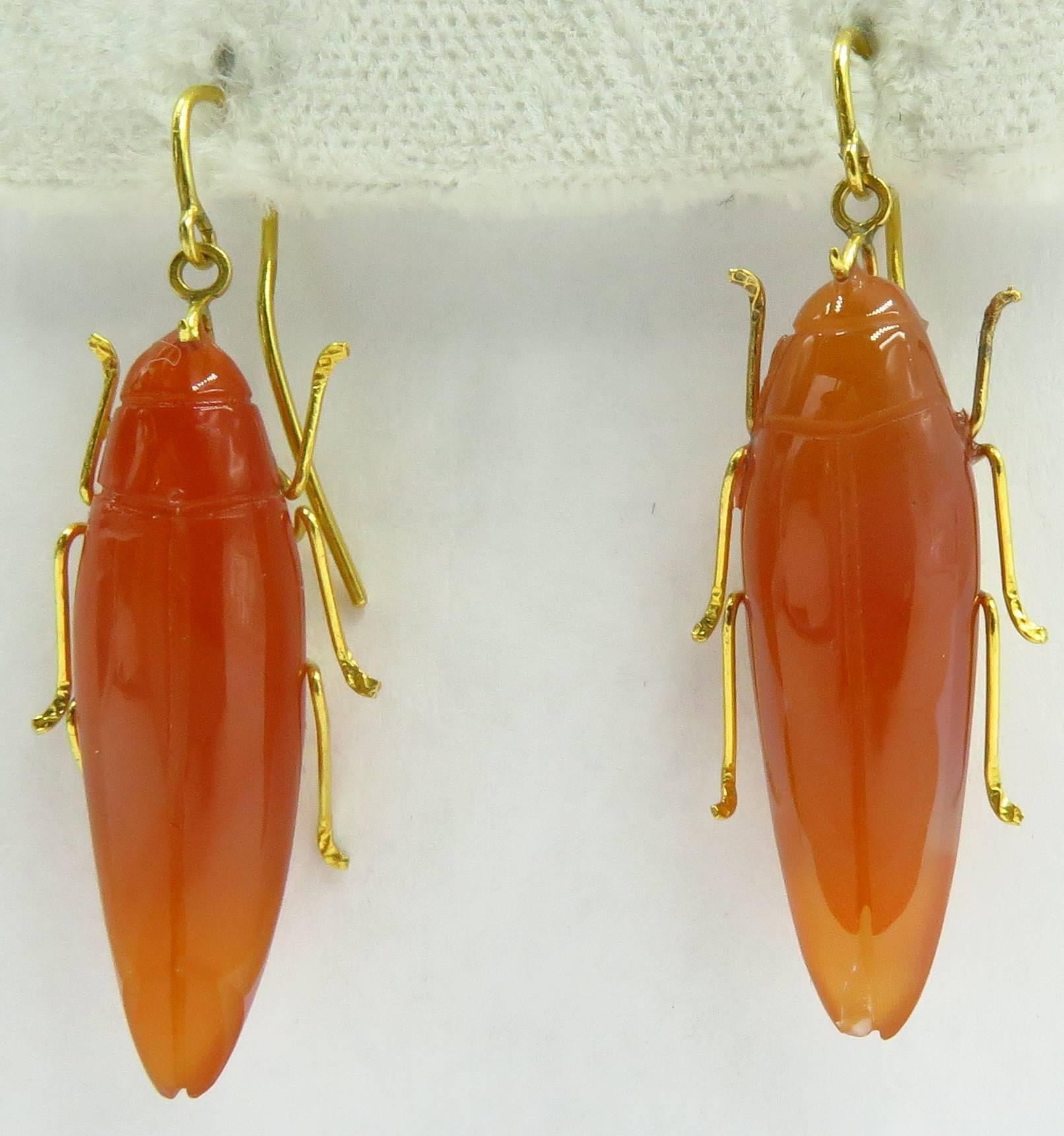 Not for the squeamish. These fabulous 22k hand carved carnelian bug earrings will keep the evil bugs away and keep you looking chic all at the same time. They are surprisingly light weight and very comfortable to wear. The detail on the back of