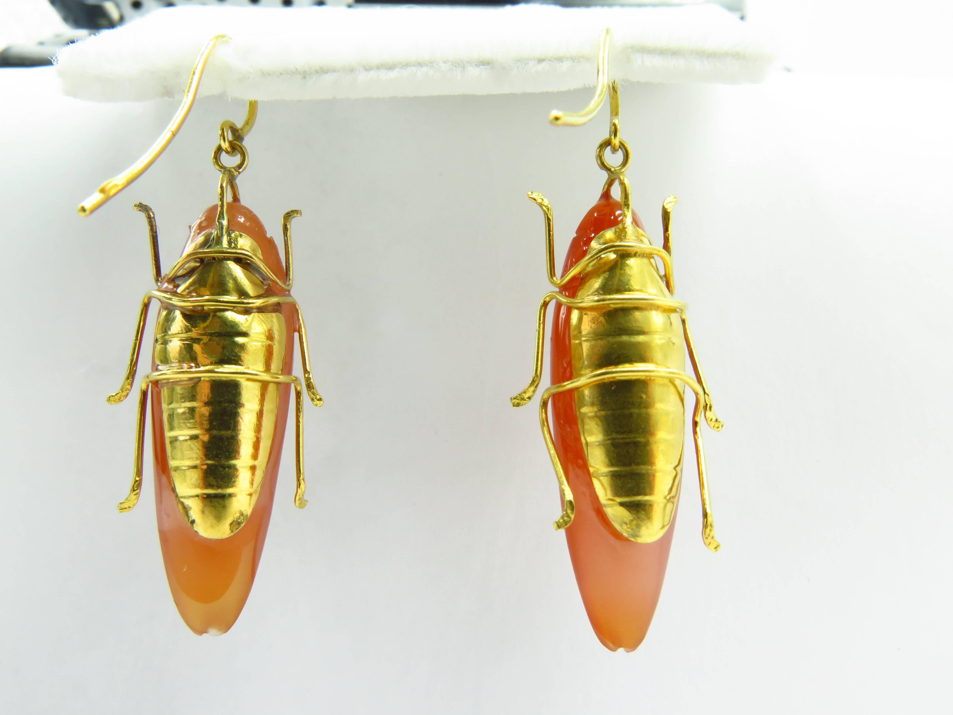 Unique Hand Carved Carnelian Gold Bug Motif Drop Earrings 2