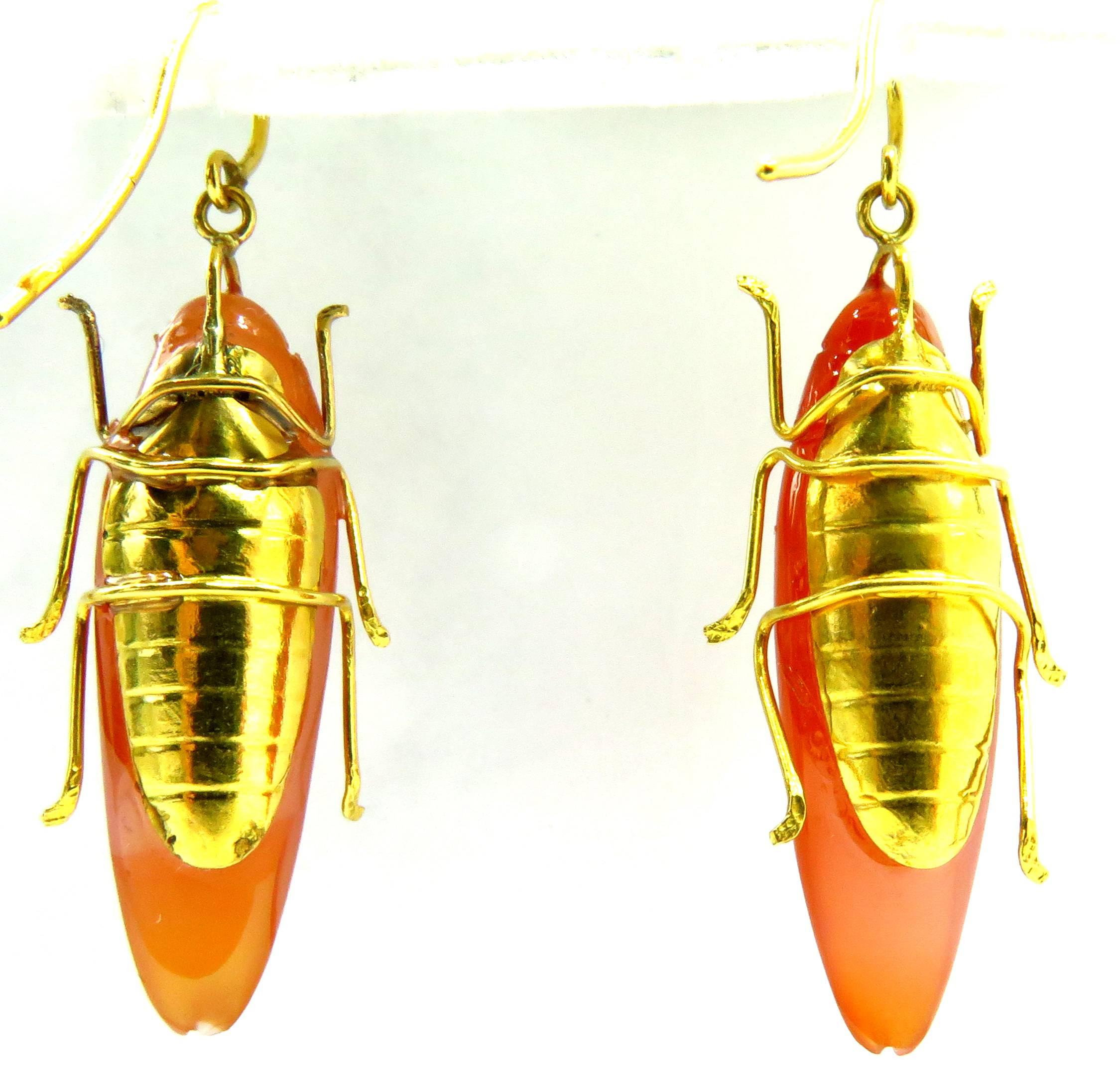 Unique Hand Carved Carnelian Gold Bug Motif Drop Earrings In Excellent Condition In Palm Beach, FL