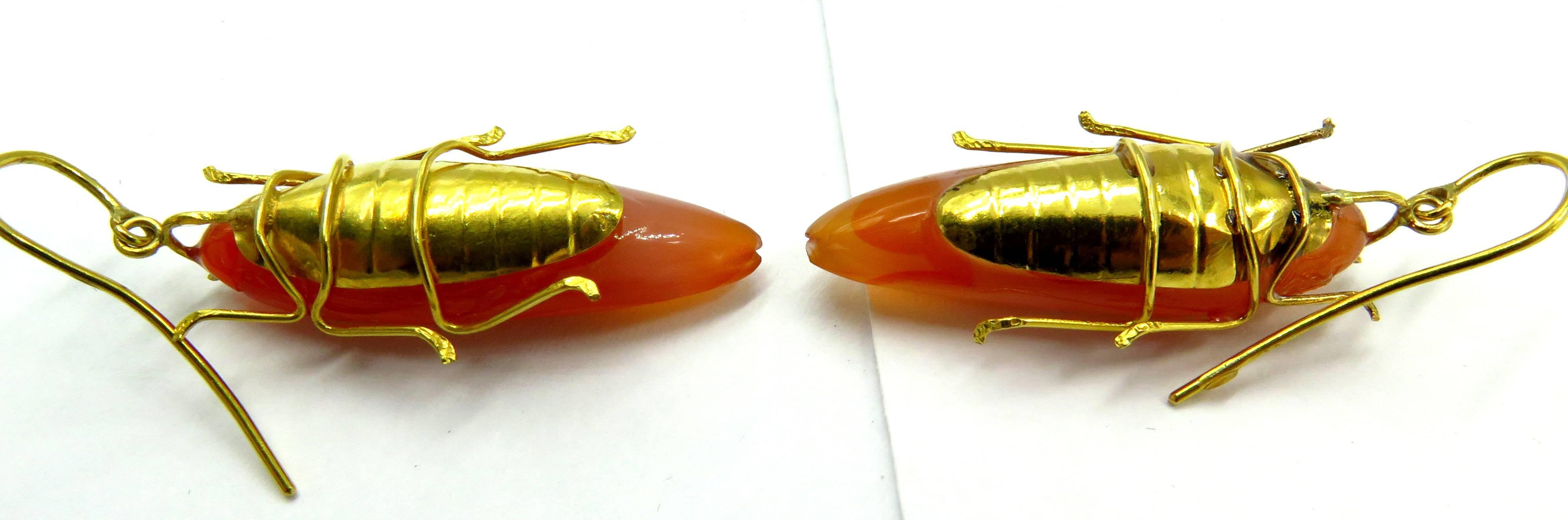 Unique Hand Carved Carnelian Gold Bug Motif Drop Earrings 1
