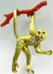 E. Wolfe & Co. Whimsical Large Diamond Ruby Monkey Swinging on Coral Branch pin