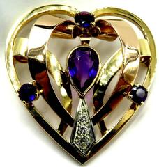 1940s Amethyst Diamond Two Color Gold Platinum Heart Shaped Pin