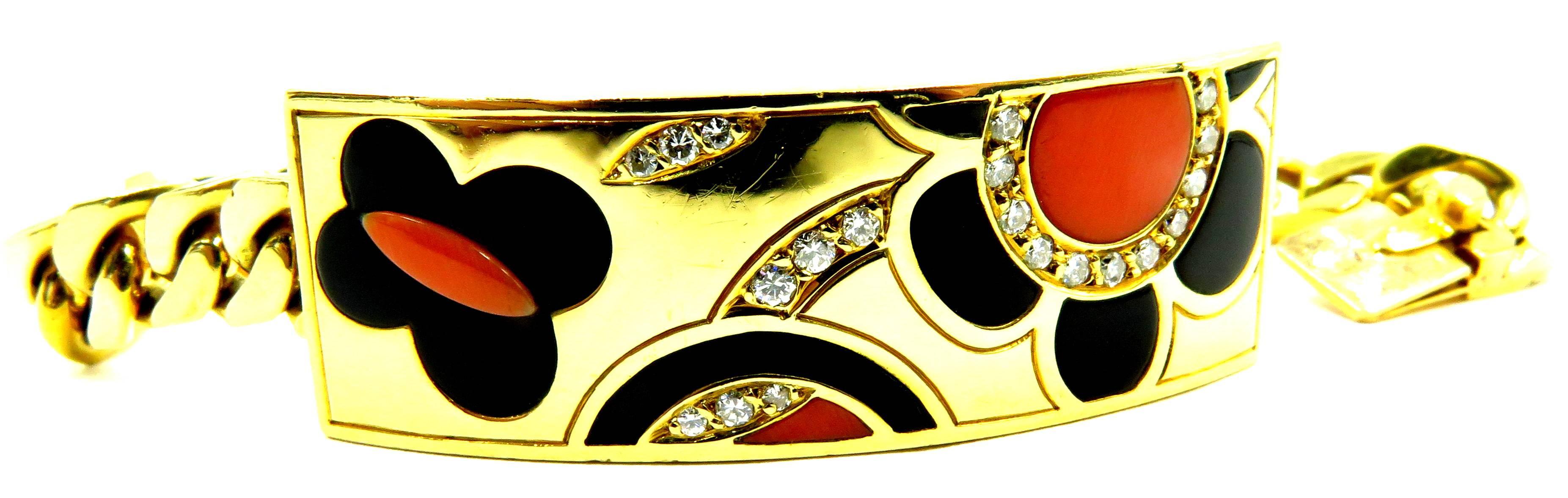 Timeless Bvlgari Coral Onyx Diamond Heavy Link ID Style Inlaid Gold Bracelet 1