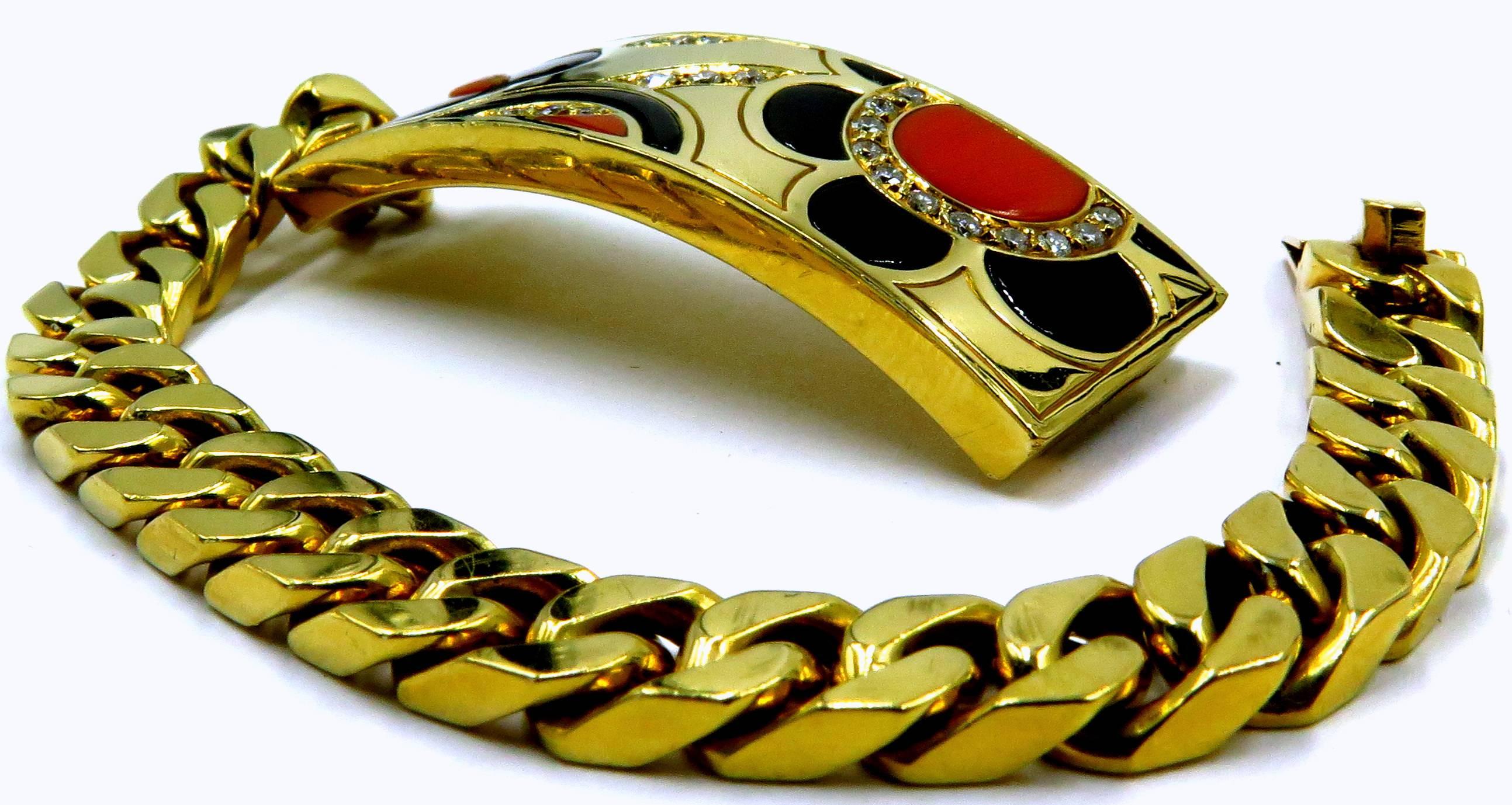 Timeless Bvlgari Coral Onyx Diamond Heavy Link ID Style Inlaid Gold Bracelet 5