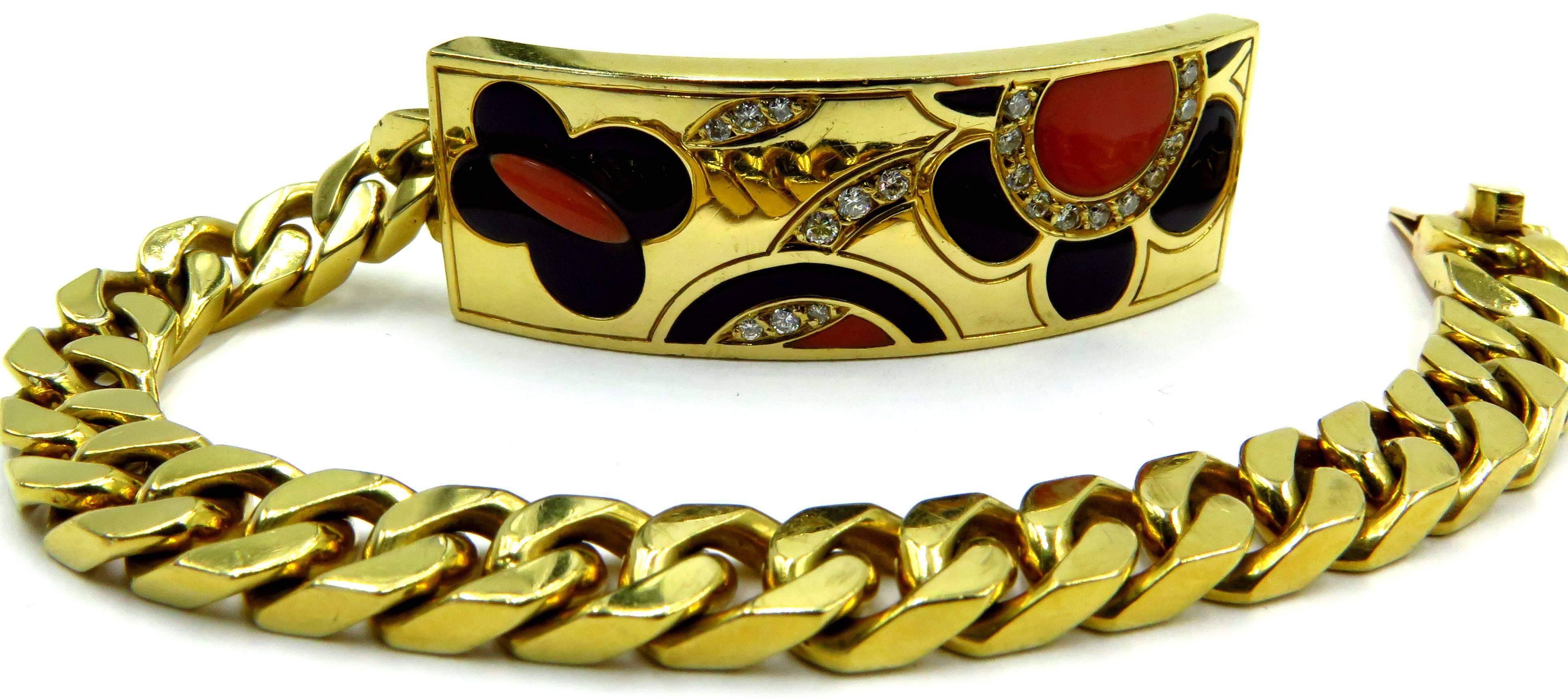 Timeless Bvlgari Coral Onyx Diamond Heavy Link ID Style Inlaid Gold Bracelet 3