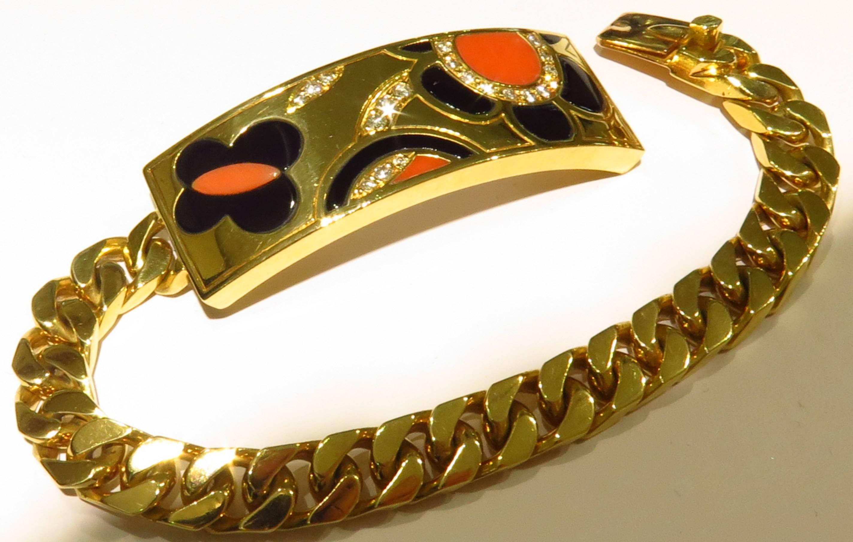 Timeless Bvlgari Coral Onyx Diamond Heavy Link ID Style Inlaid Gold Bracelet 6