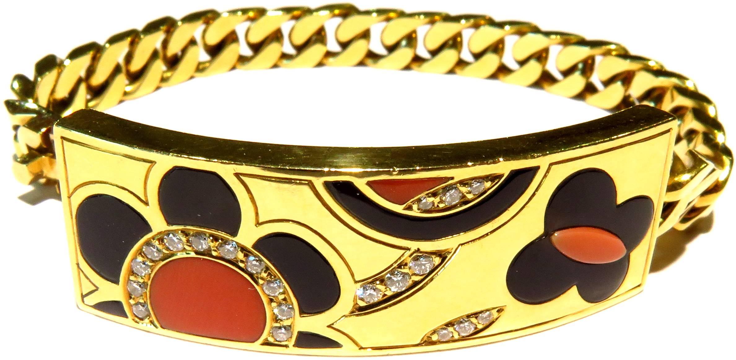 Timeless Bvlgari Coral Onyx Diamond Heavy Link ID Style Inlaid Gold Bracelet In Excellent Condition In Palm Beach, FL